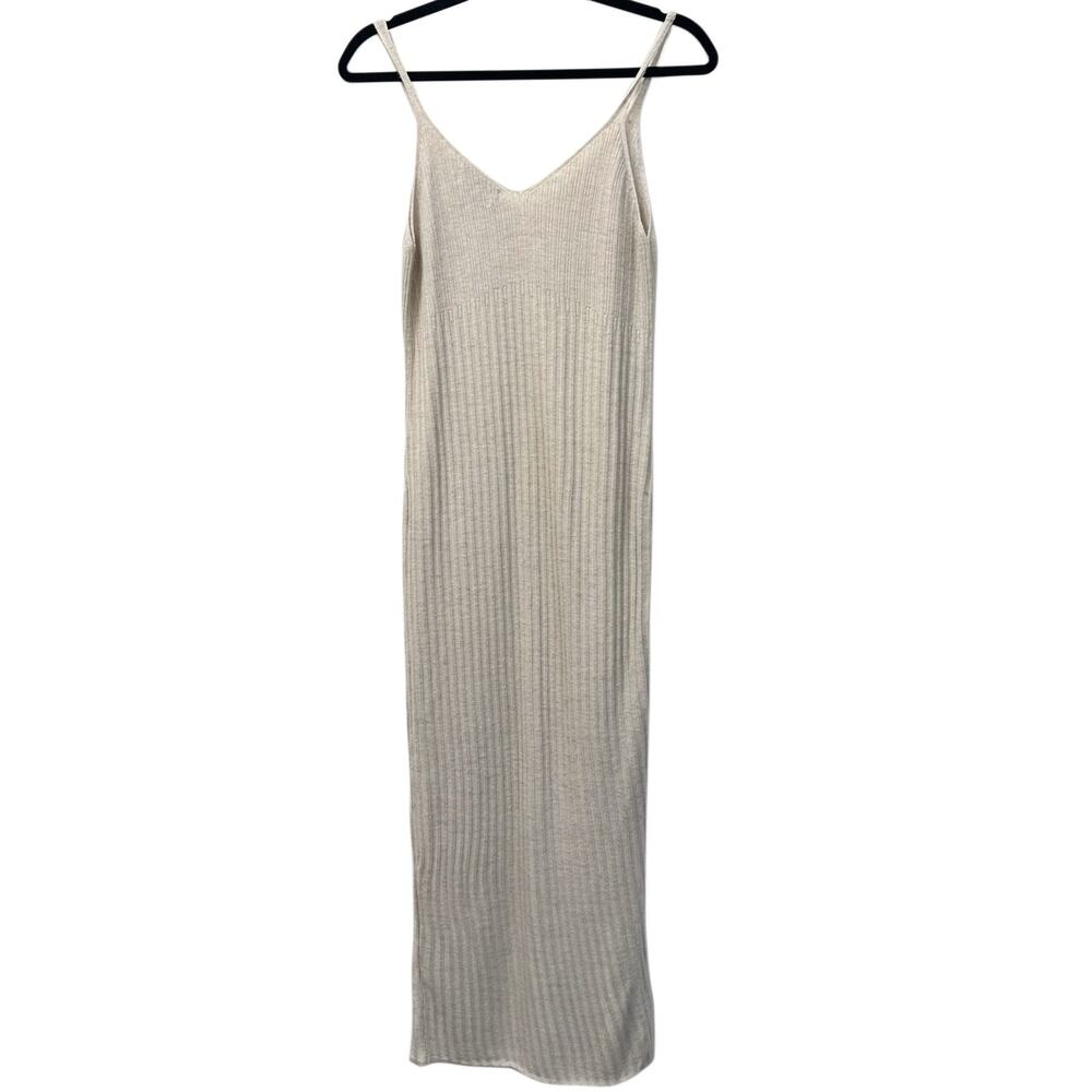 Mango Linen Blend Ribbed Knit Maxi Dress Beige Sleeveless Button Front XS - Picture 2 of 5